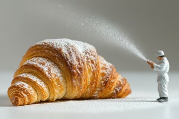 A miniature baker dusts a large, flaky croissant with powdered sugar.