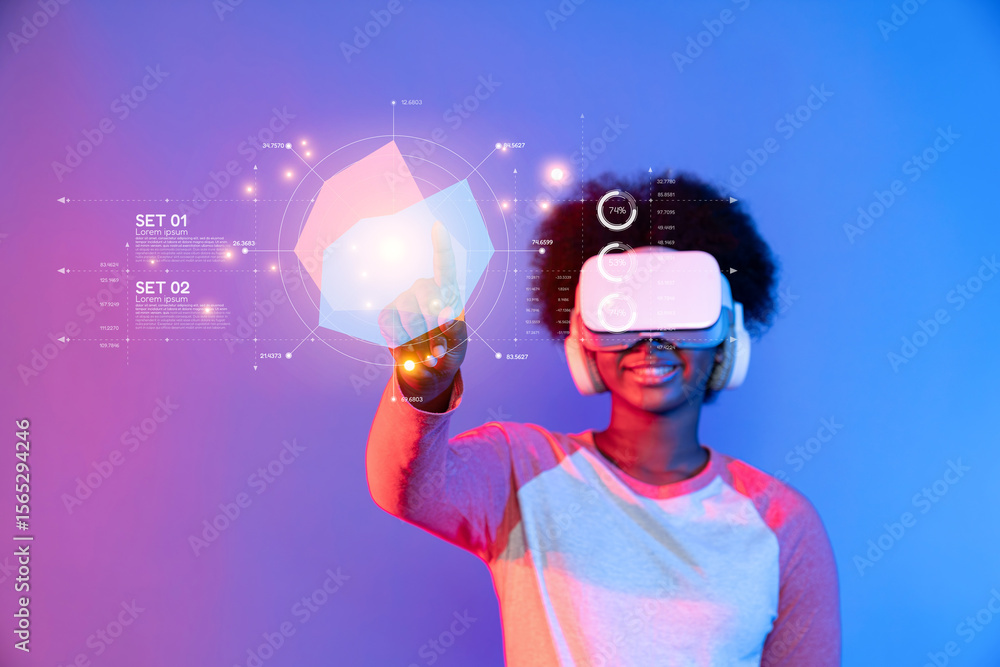 Poster a young individual immersed in a virtual reality world uses interactive data visualization tools and