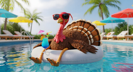 Cool Turkey in Pool Float: Summer Vacation Fun