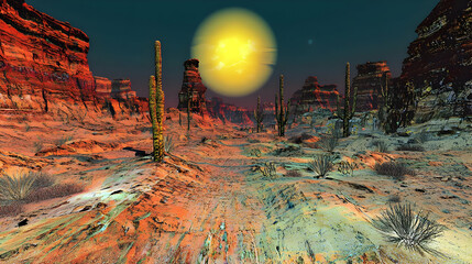 Desert landscape, vibrant colors, alien sun, towering rock formations, cacti, arid terrain