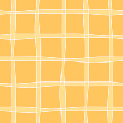 Wavy checkered vector seamless pattern. Bright yellow abstract geometric repeat tile. Simple wobbly checkerboard and lines. Cheerful minimalist hand drawn check grid and crossed stripes background 