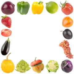 Frame of bright tasty ripe vegetables, fruits and berries isolated on white