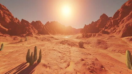 Desert landscape, warm sunlight, red mountains, cacti, dry riverbed