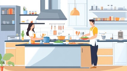 Couple preparing meal together in modern kitchen at home, happy family cooking food together