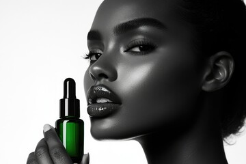 Black woman's portrait in monochrome, holding a green serum bottle, emphasizing skincare and beauty.