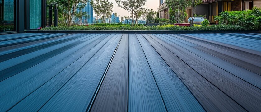 Elevated wooden deck leading to greenery and city skyline in the distance