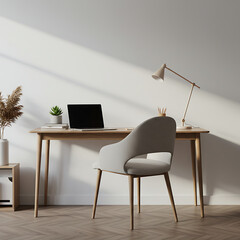 A modern, minimalist home office with a wooden desk, laptop, and chair. Sunlight streams in, creating a warm, bright workspace for remote work concepts.
