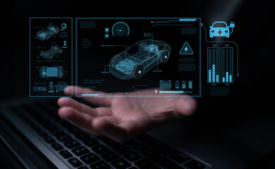 Technical layout of electric vehicle showing battery system, power control, traction motor,...
