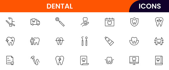 Dental vector web line icon collection, sleek illustrations of teeth, tools, and oral care for professional dental and health designs.