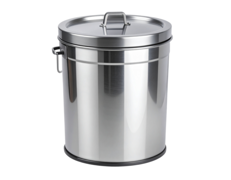  Open Stainless Steel Trash Can with Lid Raised, Isolated on Transparent Background