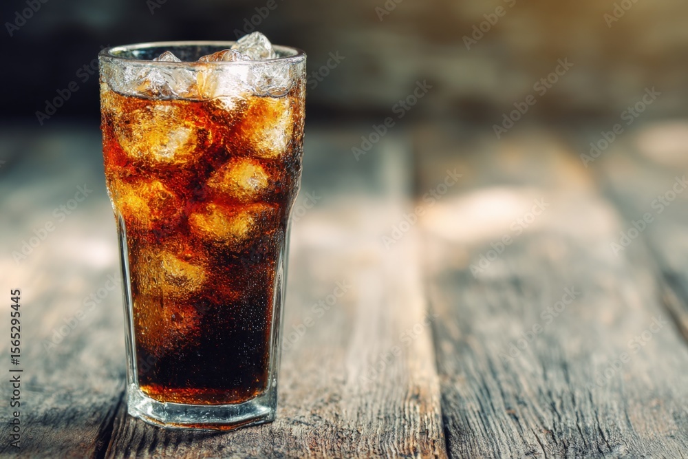 Poster refreshing cold cola soda in a tall glass with ice cubes on rustic wooden surface with blurred backg