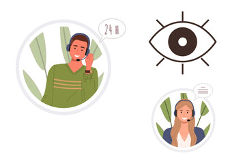 Two headset-wearing agents in conversation bubbles, surrounded by leaves, emphasizing 24-hour support. Eye icon symbolizes monitoring and vigilance. Ideal for customer service, communication