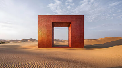 Red portal in desert landscape.  Large, rectangular, wooden-textured portal,  sits in sand dunes.  Soft, warm light