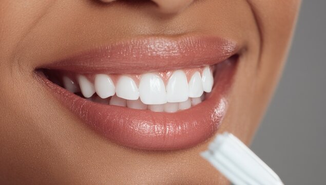 Close-up of a smiling woman's mouth with white even teeth holding toothbrush ready for oral hygiene care in a bright clean setting