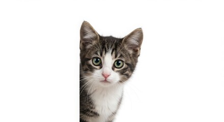 Obraz premium Adorable Kitten Peeking from Behind a White Wall A Cute Grey and White Tabby Cat Portrait