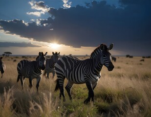 Naklejka premium A herd of zebras gracefully moves through the tall, golden savanna grass at sunset, under a captivating sky with dramatic clouds.