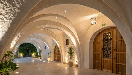 Obraz premium Organic curved white arch interior with warm lighting and wooden doors