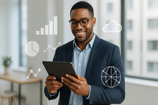 Smiling businessman using tablet with financial data and cloud technology overlay
