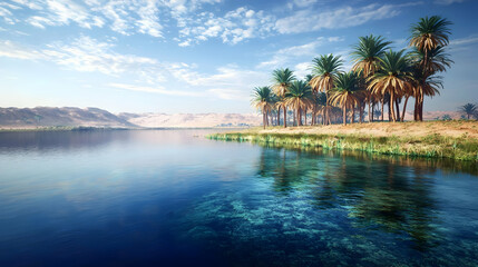 Serene oasis landscape, palm trees line tranquil river, clear water reflects the sky and clouds, desert mountains in the background