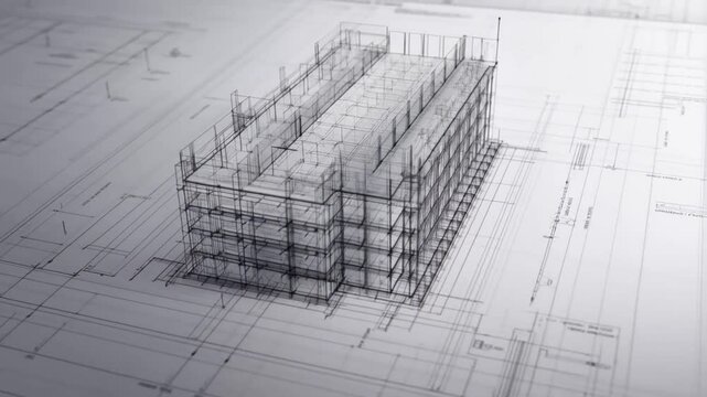 Technical 3D architectural model of a long rectangular building shown as transparent lines on white grid. Concept of design blueprint and innovation