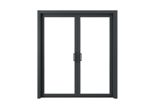 Modern sliding glass doors with sleek dark gray aluminum frame and minimalist handles, isolated on transparent background with copy space. commercial product photography concept