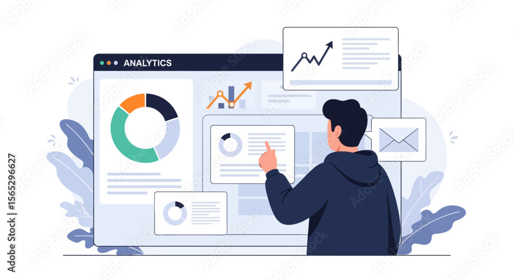 Wall mural man analyzing data on a computer screen with charts, graphs, and email icon.