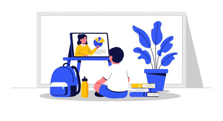 A child sits on the floor, engaged in online learning, watching a teacher on a tablet screen.