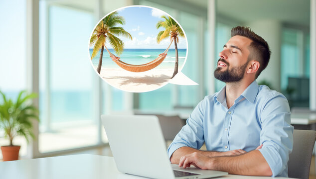 a male office worker with his eyes closed dreams of relaxing on the beach in a hammock