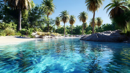 Tranquil turquoise cove, lush tropical palms, and sandy beach. Crystal-clear shallow water