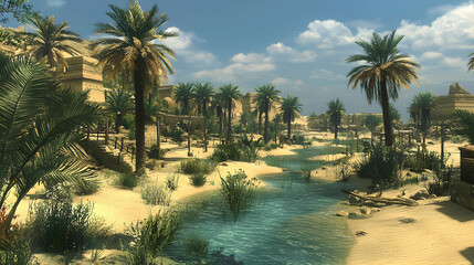 Sunny desert oasis with a stream, palm trees, and simple structures.  A tranquil, warm scene.  Sand,  water, and vegetation
