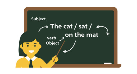 A teacher pointing at a sentence on a chalkboard, explaining grammar.