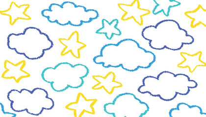 Whimsical hand drawn star and cloud pattern in pastel colors