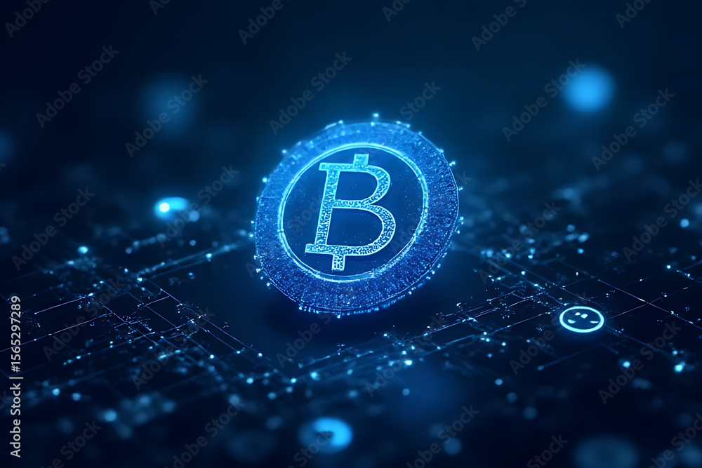 Poster glowing blue bitcoin cryptocurrency symbol on a circuit board with digital network connections and b