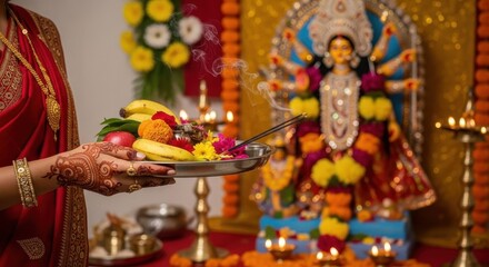 Close-up of female hands in kings holding a puja of fruits and flowers, a traditional Indian offering for the deity, oil paintings