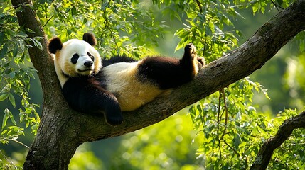 Obraz premium Relaxed panda on tree branch