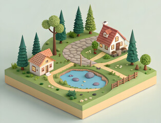 Stylized low-poly miniature town with pond and winding roads