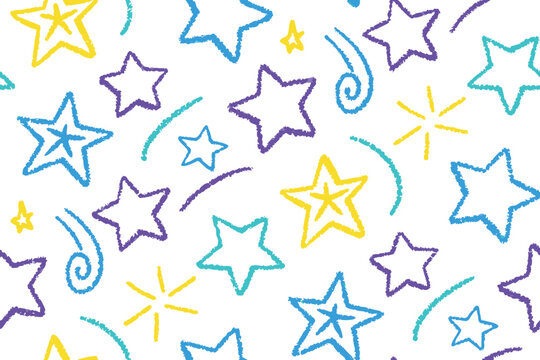 Whimsical hand drawn star and cloud pattern in pastel colors