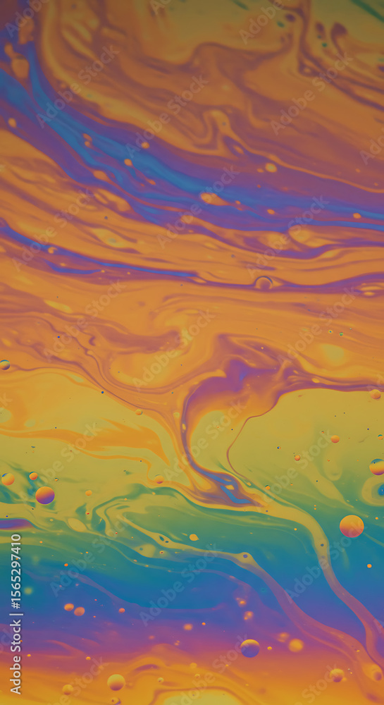 Poster a vibrant and colorful macro photo of a soap bubble's surface, showing psychedelic iridescent swirls