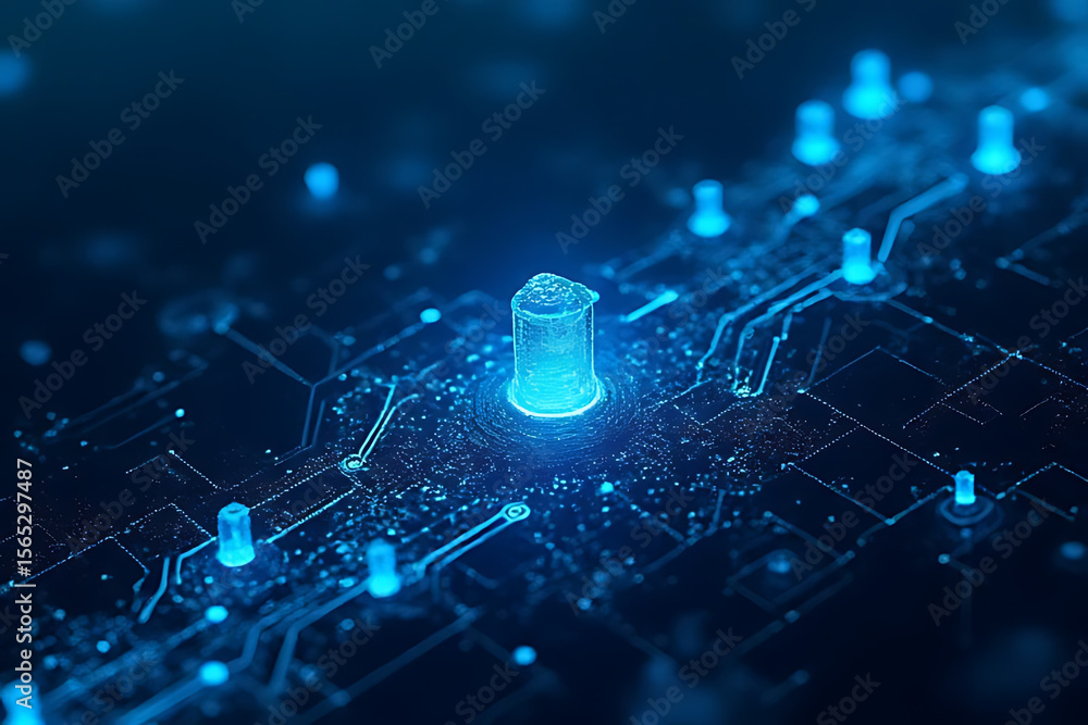 Poster glowing blue circuit board with central cylinder and small illuminated components in a dark digital 