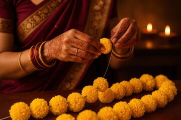 An  woman creates a flower garland using bright yellow marigold flowers, highlighting traditional craftsmanship and cultural heritage of India in a cozy setting. Diwali, Pongal, Durga, Vishnu