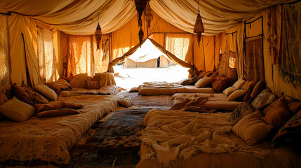 Desert camp interior, warm tones, multiple beds,  open view.  Spacious tent with  comfortable furnishings