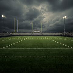 An empty American football stadium at night under a dramatic, stormy sky. The green field is illuminated by bright floodlights, creating an epic atmosphere.
