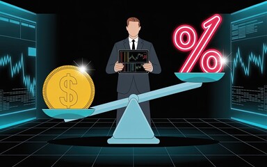 Balancing Act: A businessperson navigating the complexities of finance, a striking illustration with the dollar and percentage scales and a person in the middle.