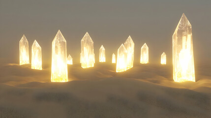 Glowing crystal structures in a sandy desert landscape.  Illuminated, sharp-pointed crystals stand tall in the sand.  Soft, warm light radiates from within the crystals