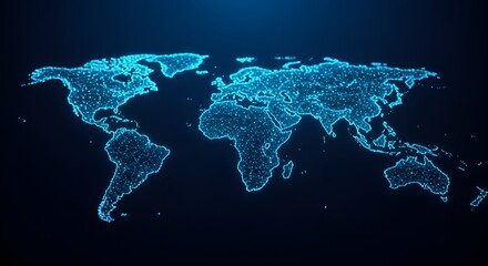 Glowing Blue Digital World Map Depicting Global Connectivity and Networks