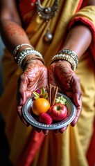 close up of female hands with mehndi with traditional Indian decorations holding plate with offering for deity, metal plate with fruits and sweets on religious festival in India