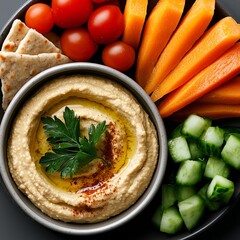 A healthy and colorful platter featuring hummus, cherry tomatoes, carrot sticks, pita bread, and cucumber. Perfect for a nutritious snack or appetizer, appealing to all ages.