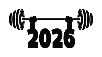 Minimalist black-and-white graphic of two silhouetted arms lifting a barbell with "2026" integrated. Centered, bold design ideal for new year fitness resolution, sports, or New Year-themed visuals.