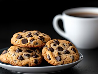 Delicious chocolate chip cookies stacked on a plate, paired with a steaming cup of coffee. Perfect for a cozy snack or dessert experience in a warm, inviting atmosphere.