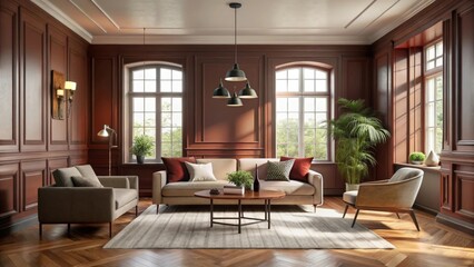 Fototapeta premium Elegant Living Room Interior Design with Rich Wood Paneling and Natural Light